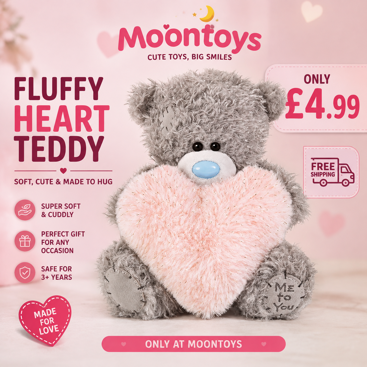 Teddy Bear 17cm Fluffy Heart Bear